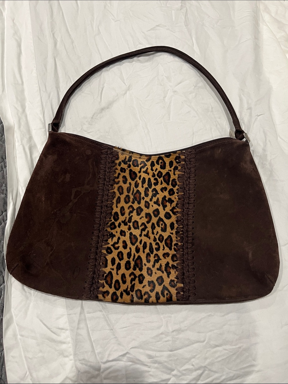 BERGE Made in Italy Dark Brown Suede Shoulder Bag with Leopard Center Panel